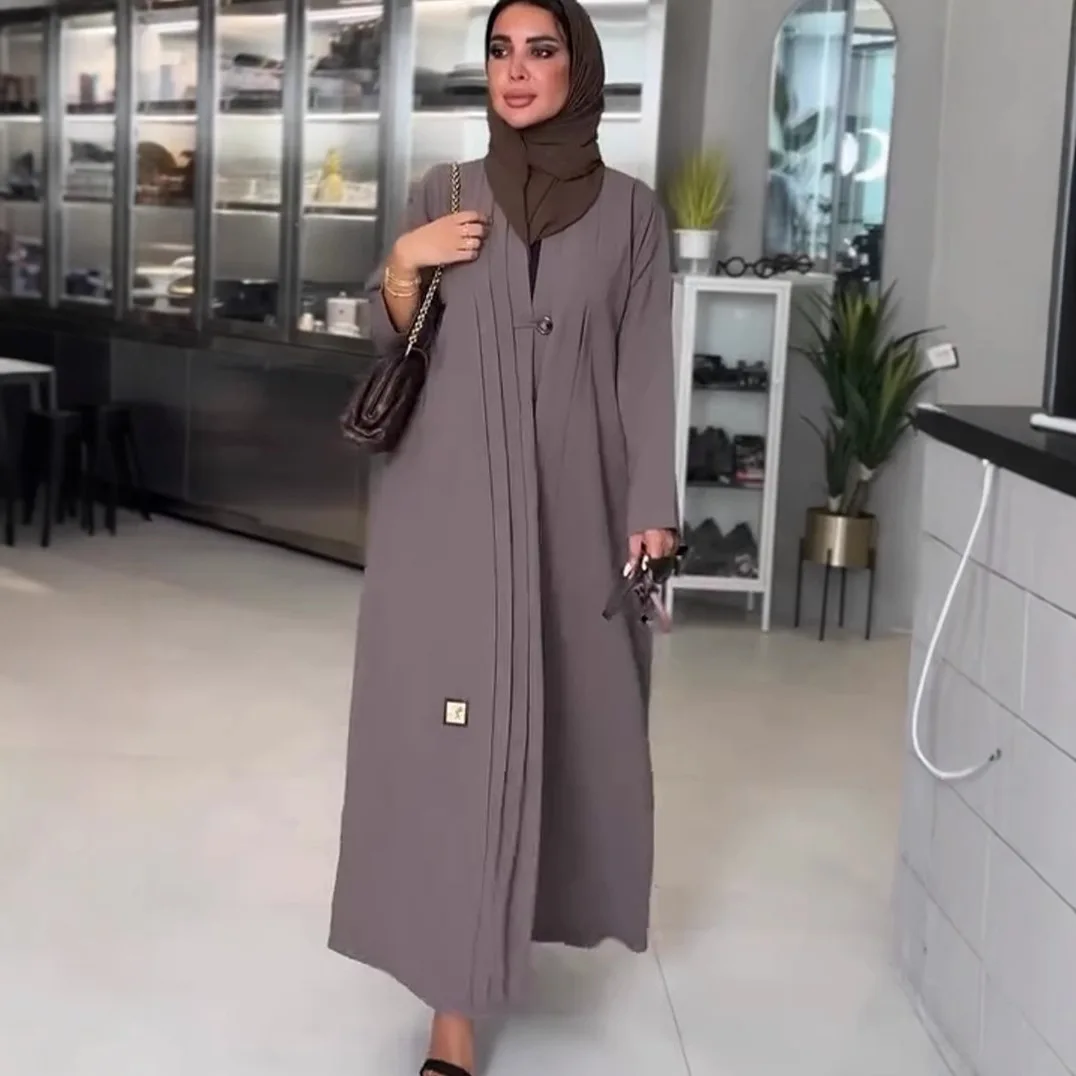 Eid Muslim Abaya für Frauen Arabische Lange Robe Jalabiya Single Button Kleider Ramadan Marokko Dubai Abayas Kaftan Falten Vestidos Image