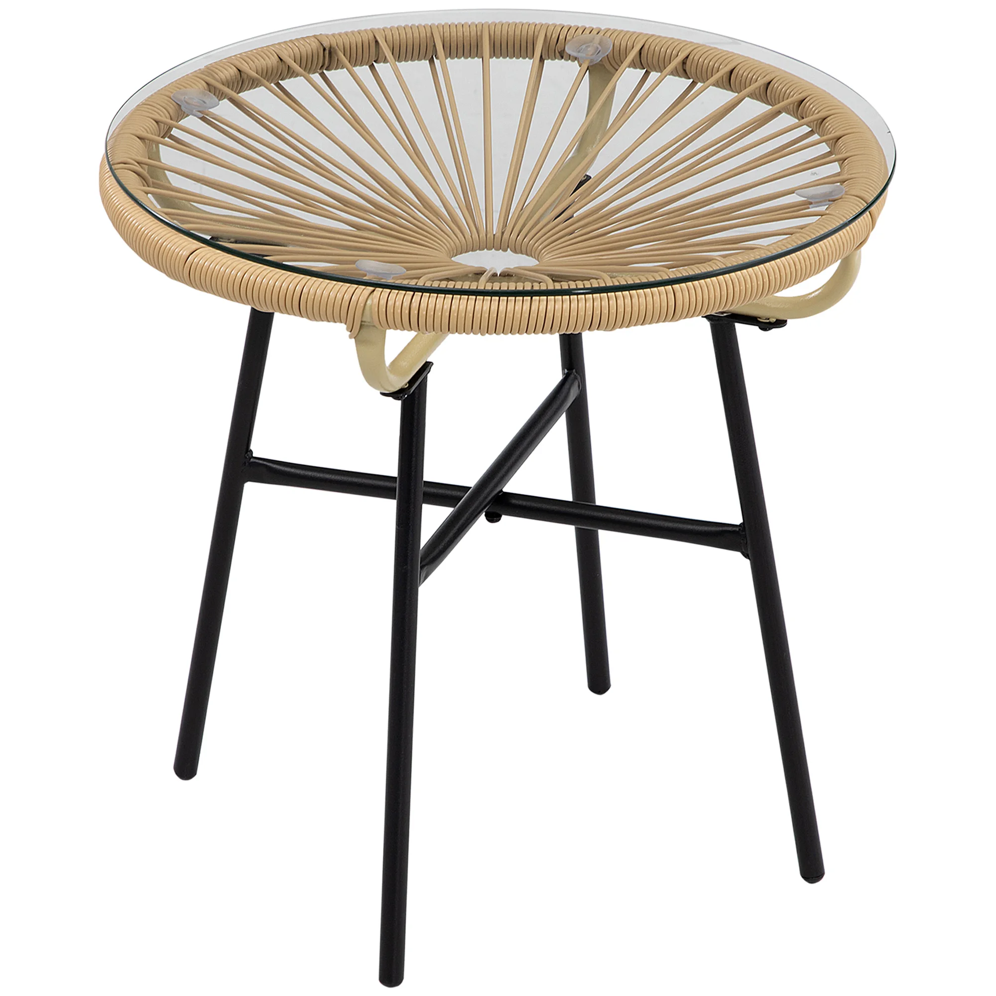Runder niedriger Gartentisch in Kunstharzoptik, aus Metall und gehärtetem Glas, Ø 50x50H cm