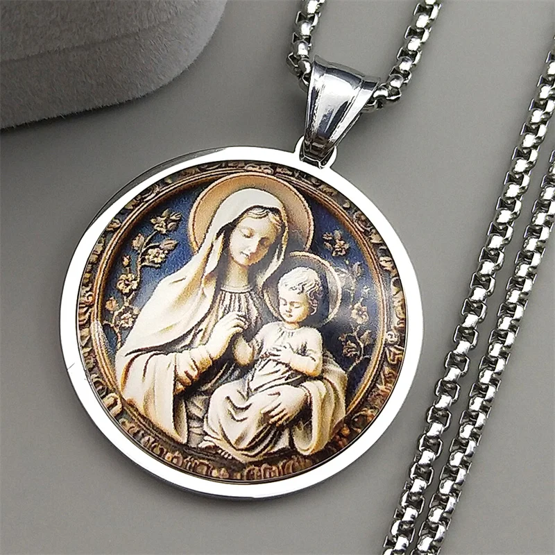 Jungfrau Maria Halten Baby Jesus Glas Runde Medaille Anhänger Halskette für Frauen Männer Edelstahl Gold Farbe Katholischen Amulett Schmuck Image
