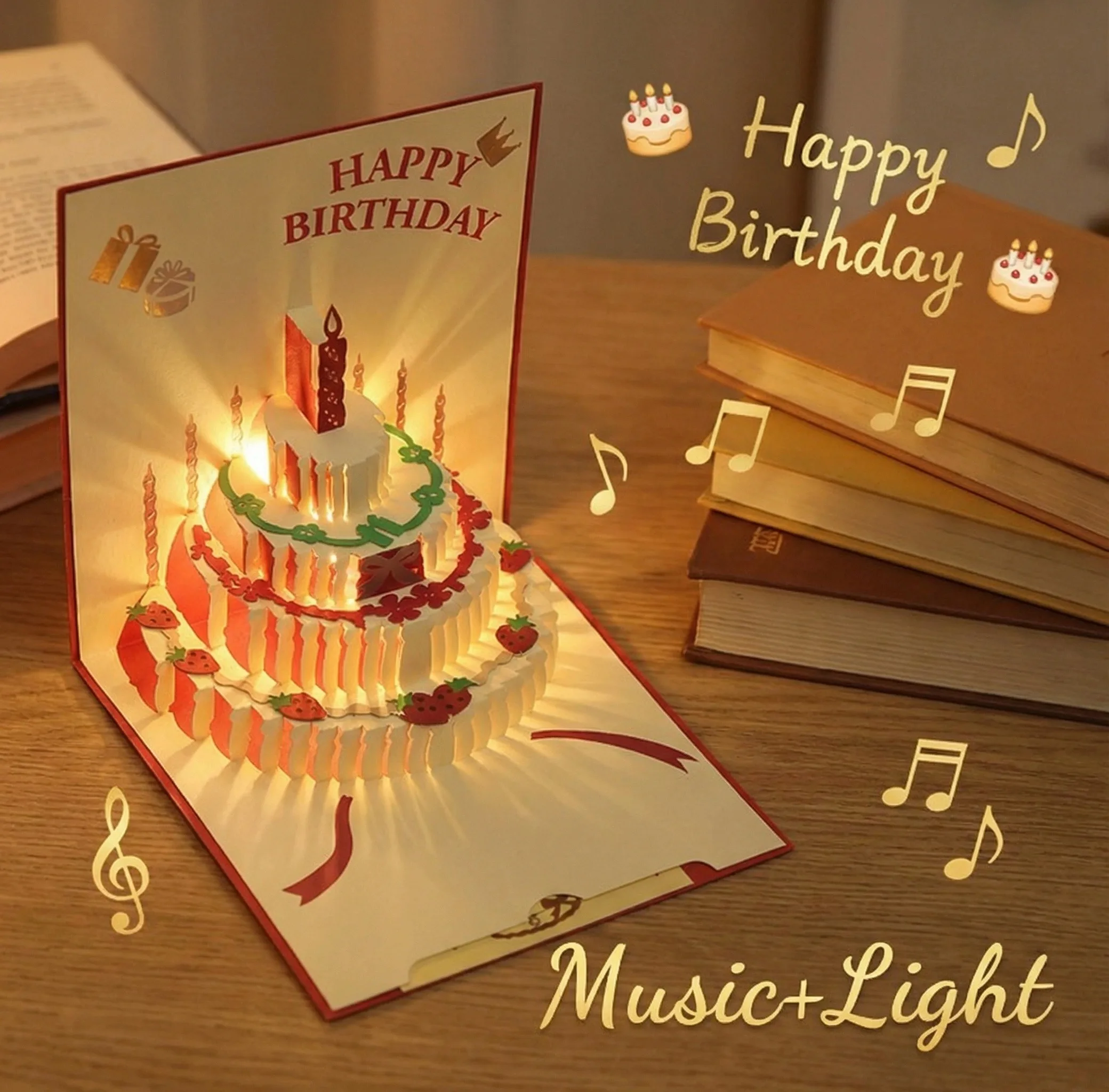 3D-Lichtmusik-Geburtstagskarte, Pop-Up-Kuchen, kreative Grußkarte, Geburtstagsparty-Geschenk, Nachrichtenkarten Image