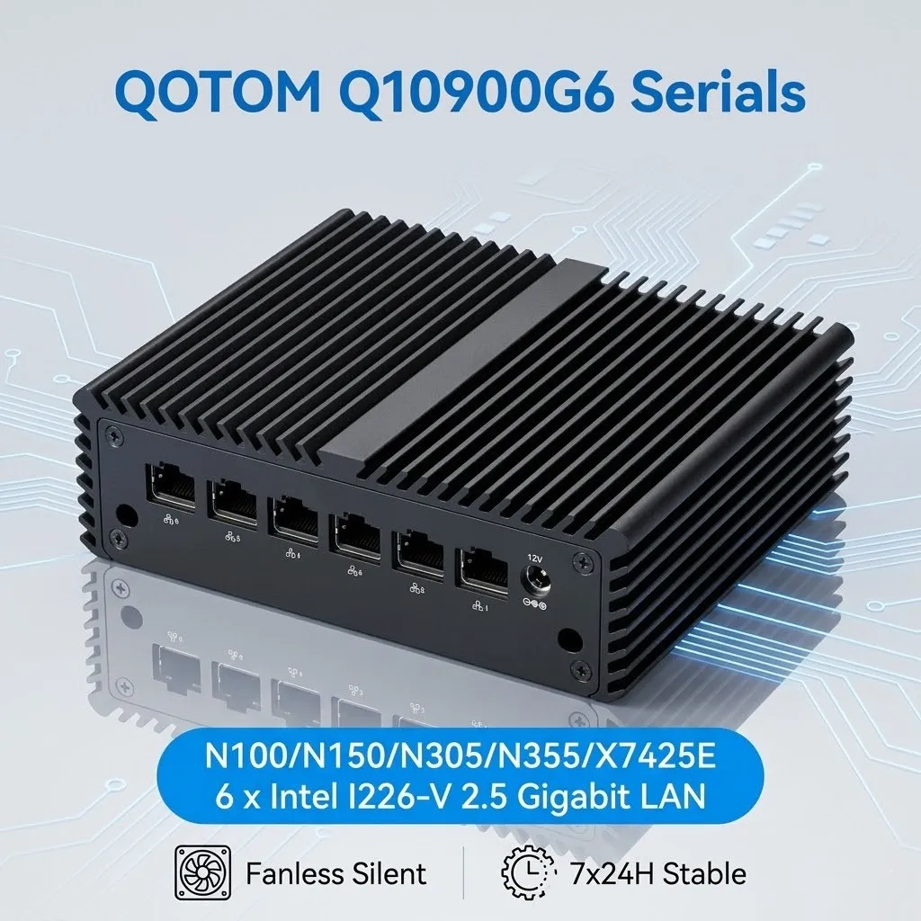 QOTOM Mini-PC Firewall-Router Q10900G6 N100/N305/X7425E Prozessor Lüfterlos DC 12V AES-NI - 6 x I226-V 2.5G LAN WIN10/Linux Image