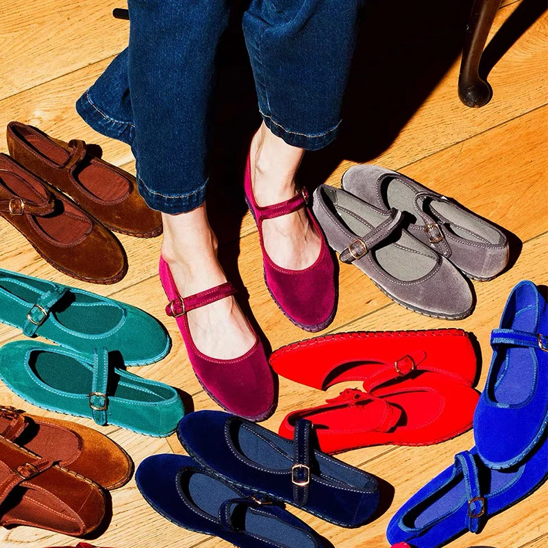 Einfarbige Samt-Mary-Jane-Schuhe für Damen, Frühling und Herbst, lässige Streetwear-Ballerinas mit Schnallenriemen, Damenschuhe, Schuhe Image