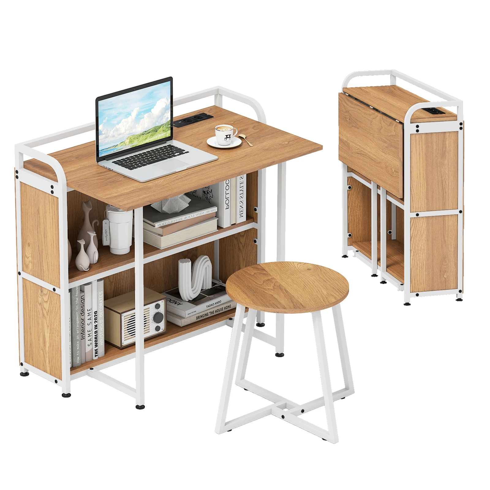 Klappbarer Schreibtisch mit Steckdose, Klapptisch mit Hocker, Computertisch mit Regalen & Metallrahmen, Platzsparender Bürotisch