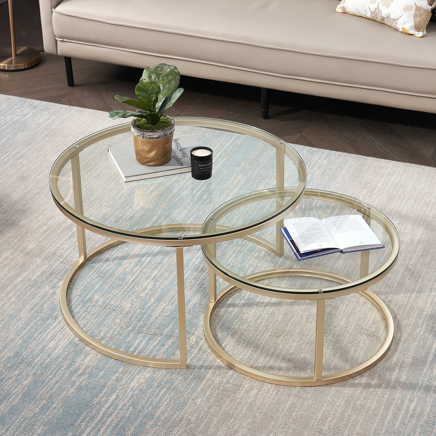 EGOONM 2-in-1-Couchtisch aus Eisen, modischer Couchtisch für kleine Wohnung, Wohnzimmer, gehärtetes Glas, runder Sofa-Seiten-Couchtisch