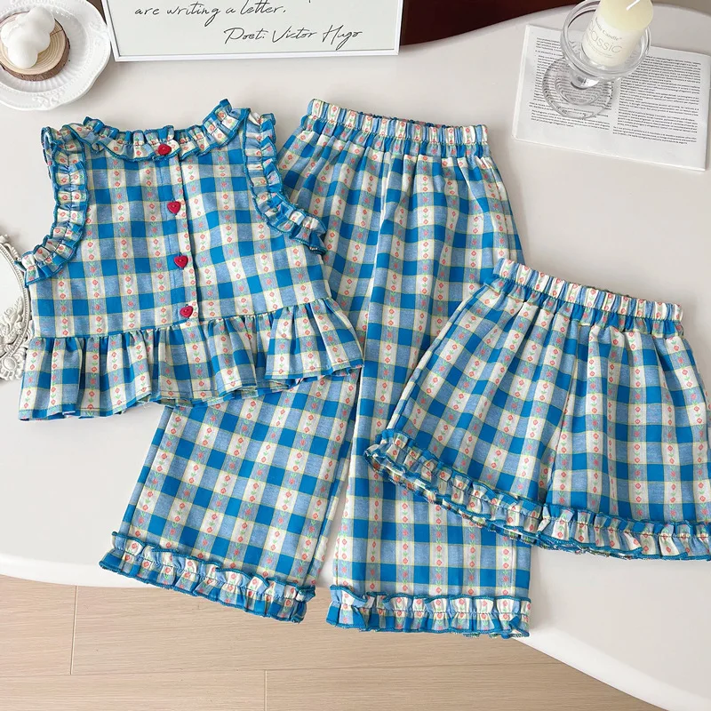 Ensembles de vêtements pour enfants, haut sans manches + pantalon à jambes larges + short, imprimé Floral à carreaux bleus, ensemble de 3 pièces, vêtements pour enfants pour filles