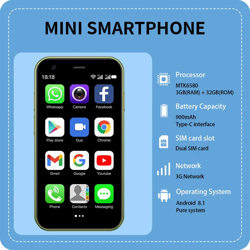 Soyes Mini-24 Mini Android Phone 3-inch 3+32GB Dual SIM Smartphone, Portable Small Phone with Play Store, Compact Phone