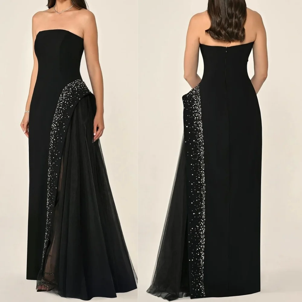 Customized Sizes Available Jersey Sequined Pleat A-line Strapless Long Dresses Bespoke Occasion Intricate