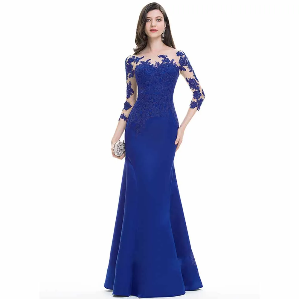 Customized Groom's Mother Dress Mermaid/Trumpet Mother of the Bride Dress Royal Blue O-Neck Lace Ruched Wedding Party Dresses