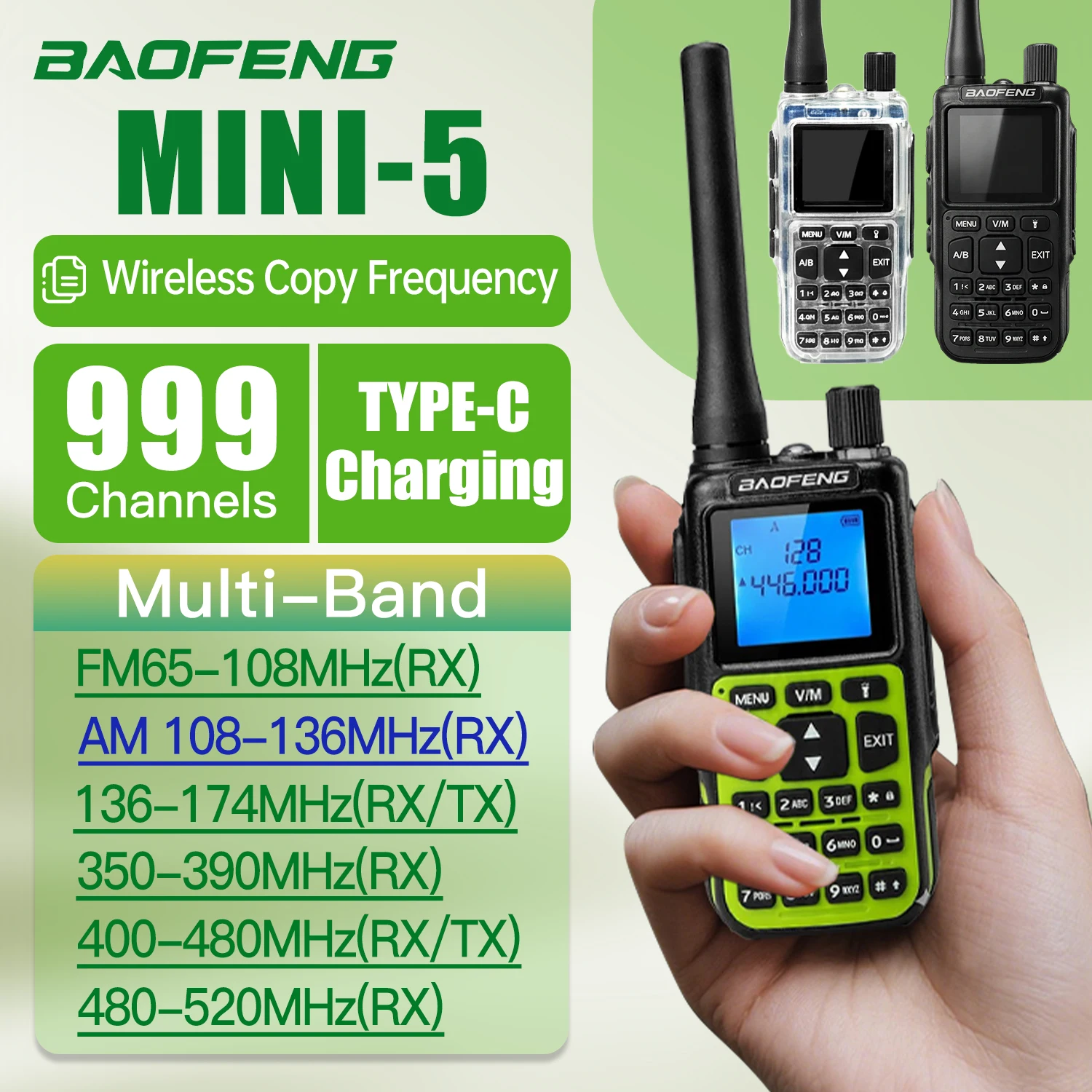 Baofeng Mini-5 Walkie-Talkie UV Vollband 5W Hochleistungs-Funkgerät mit Typ-C-Ladung, Bluetooth, Frequenzanzeige für Outdoor, Selbstfahrer und Camping Image