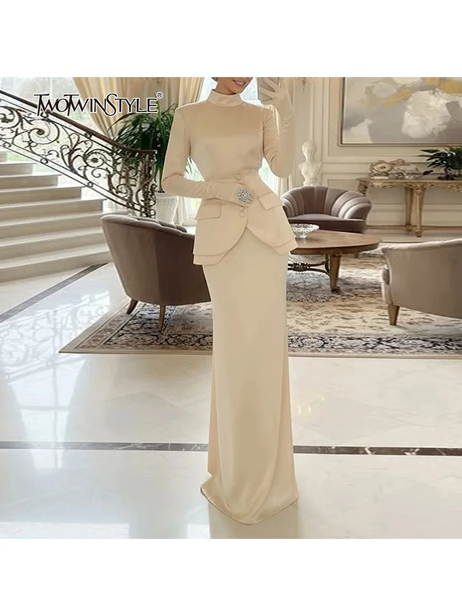 TWOTWINSTYLE Solide Abnehmen Zwei Stück Sets für Frauen Stehen Neck Long Sleeves Tunika Top Hohe Taille Rock Elegante Set Weibliche Neue