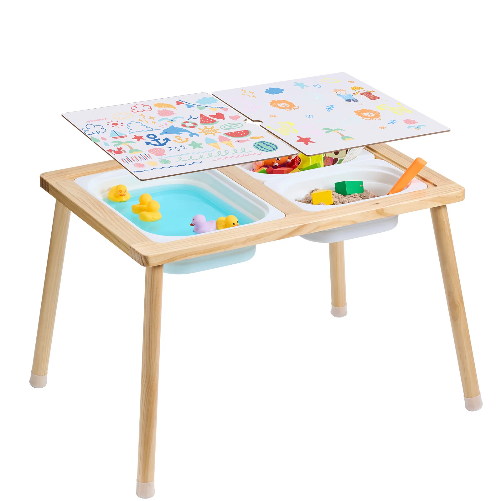 SucceBuy Holz-Sensoriktisch für Kinder mit 3 faltbaren Aufbewahrungsboxen und doppelseitiger Tafel für drinnen/draußen zum Zeichnen und Lernen Image