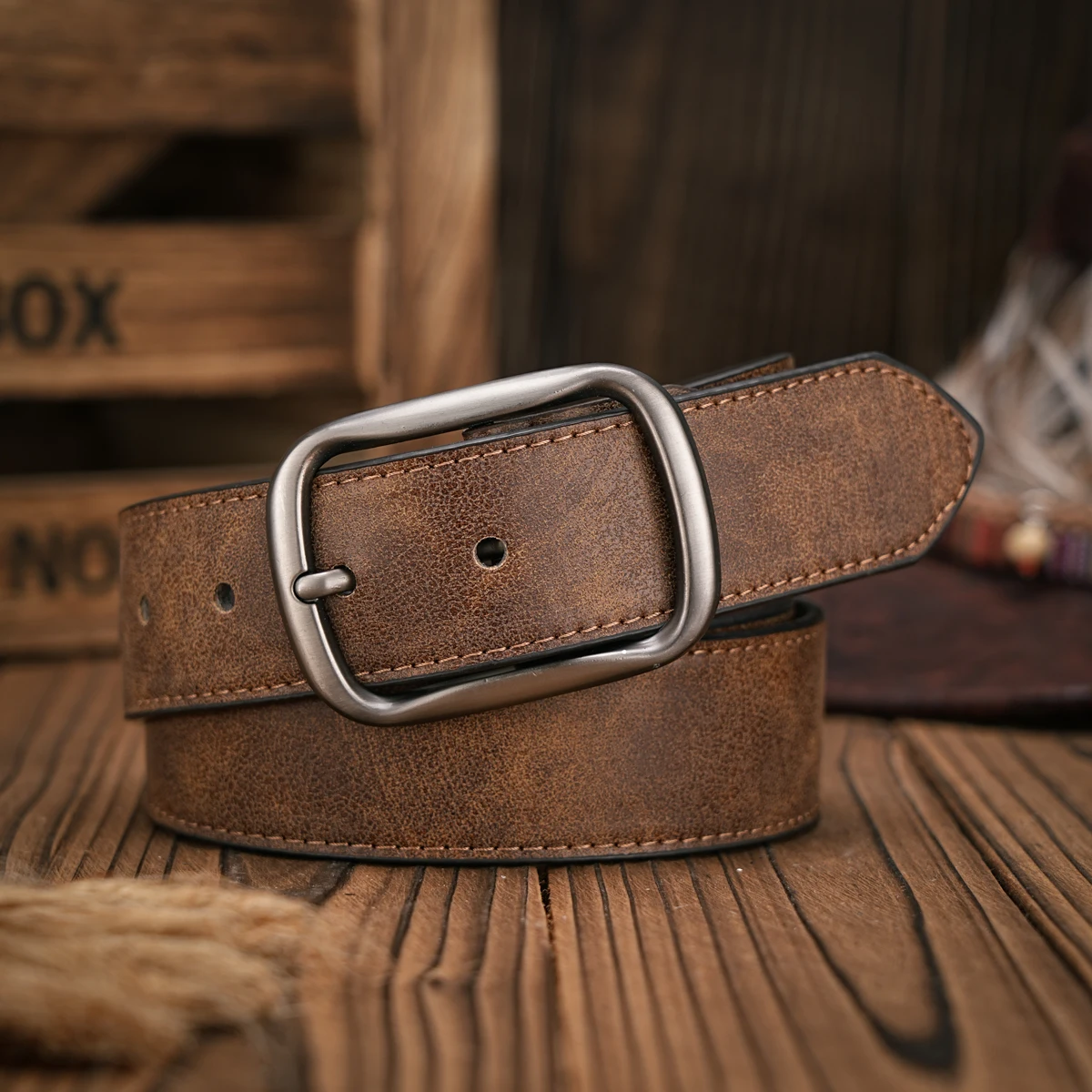 Herren – Damen – Western-Denim – PU-Leder – Gürtel – Vintage-Jeans mit geschnitzter Schnalle, brauner Gürtel Image