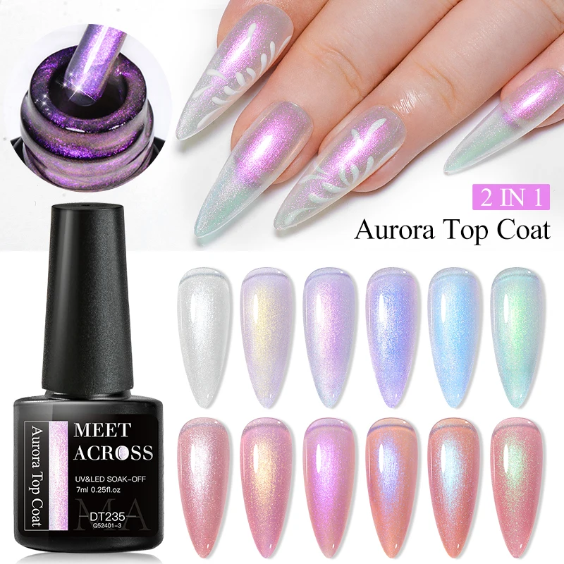 MEET ACROSS 7 ml Aurora Top Coat 6 Farben reflektierender Glitzer-Gel-Nagellack, semi-permanentes UV-Gel-Nagelkunst-Design für Maniküre Image