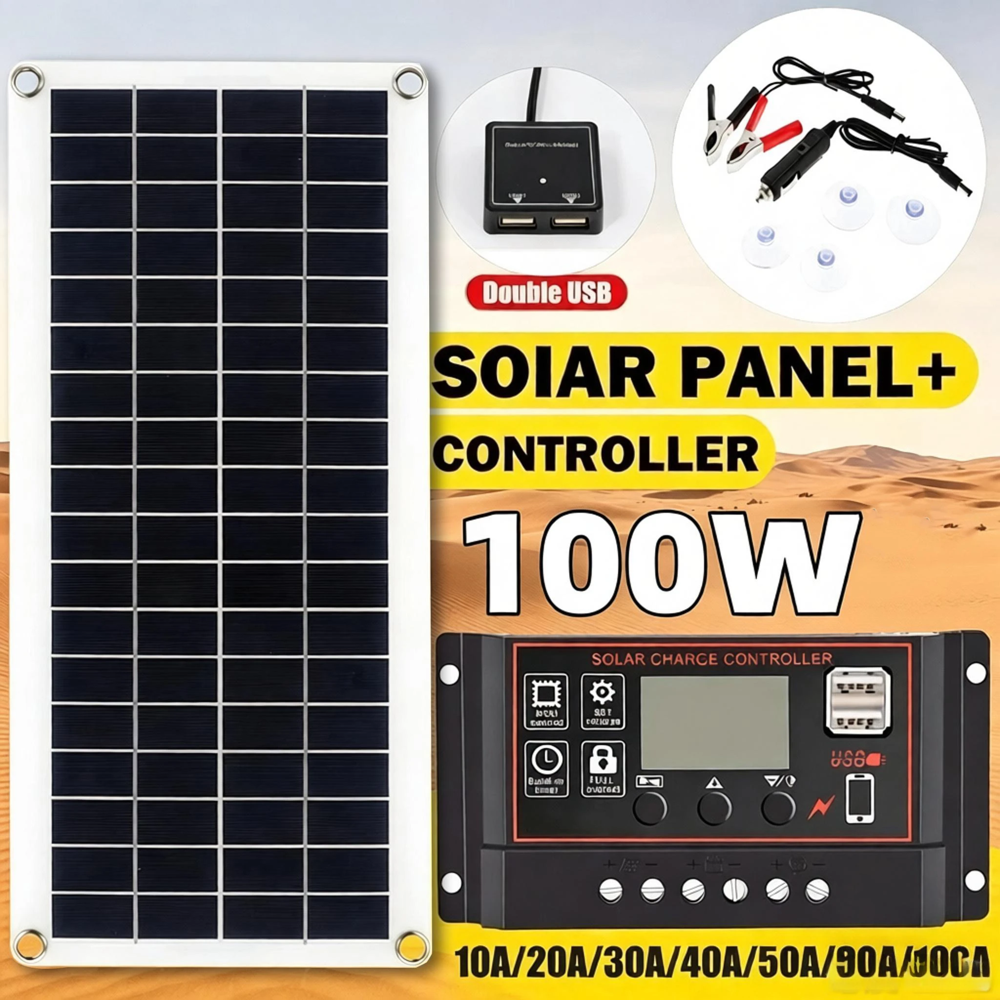 20W-100W Solarpanel 12V Solarzelle 10A-100A Controller Solarplatten-Set für Telefon, Wohnmobil, Auto, Wohnwagen, Zuhause, Camping, Outdoor-Batterie Image