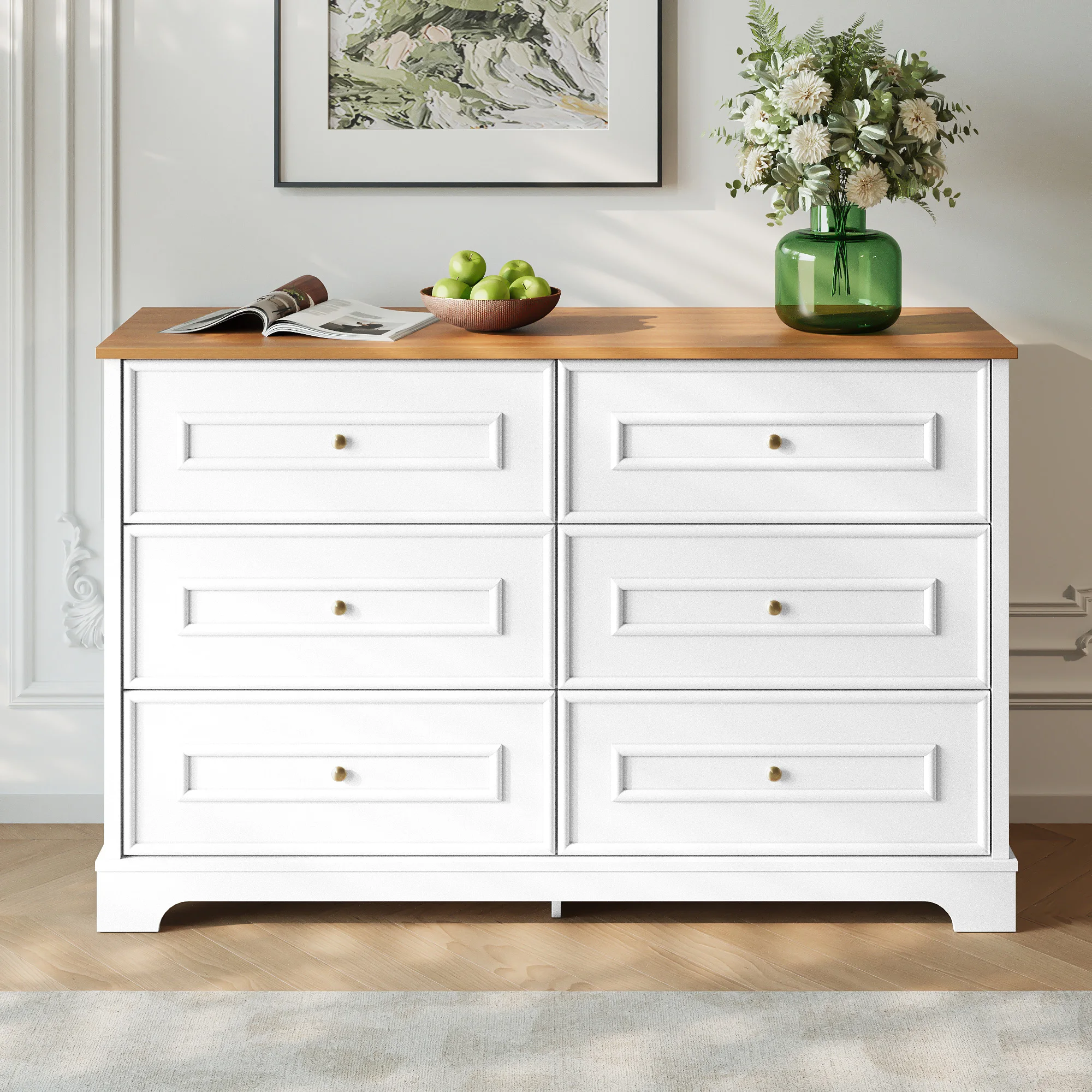 Modern Sideboard w/ 6 Drawers, Minimalist Storage Cabinet for Living Room & Hallway. 120x40x76cm Chest of Drawers, Wood.