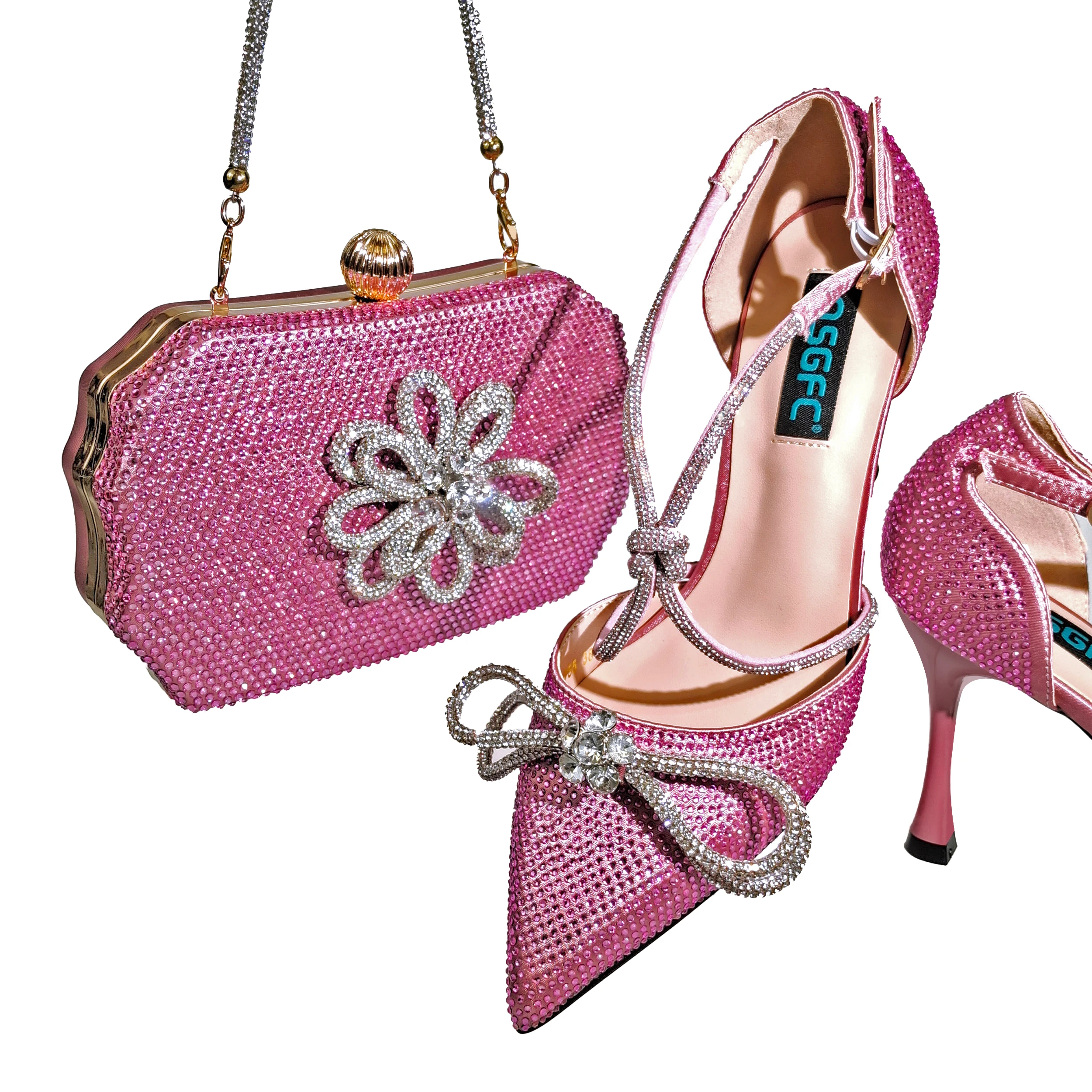 Qsgfc neueste Damenschuhe und Tasche voller Diamant handgemachte Blumen dekoration Party Schuhe rosa Farbe