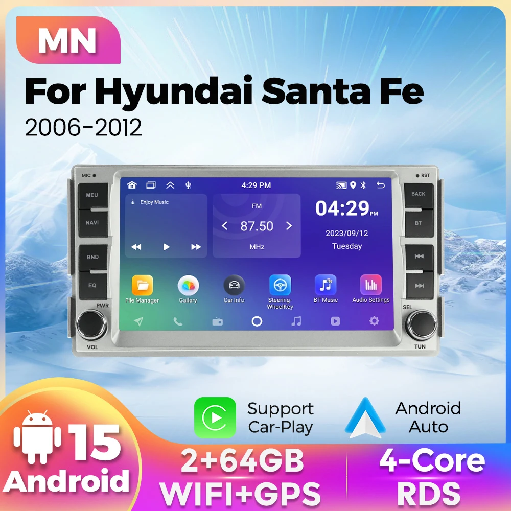 Navifly 4-Kern 64GB Android 15 Auto-FM-Radio Multimedia-Player für Hyundai Santa Fe 2006-2012 Kabelloses Carplay Auto RDS WIFI GPS Image