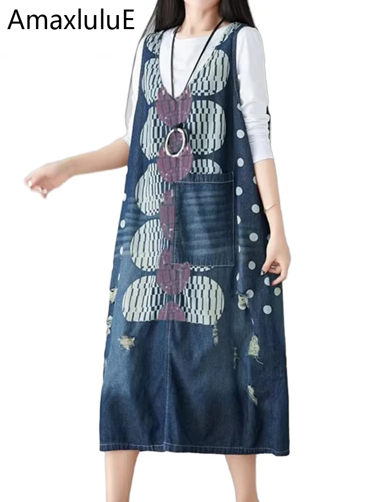 Amax luluE Europäischen Luxus Design Frühling Weibliche Denim Ärmelloses Kleid Frauen Vintage Weste Kleid Weibliche Elegante Gedruckt Vestidos Image