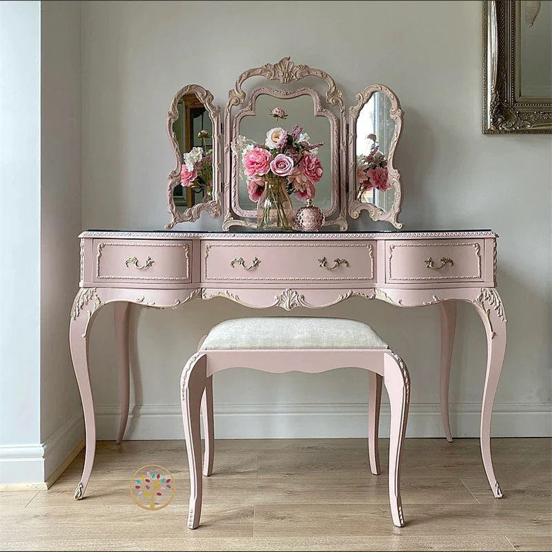 Rosa Luxus Make-up Schminktisch Europäische einfache Ecke Günstige Make-up Schminktisch Spiegel Schublade Komody Hauptschlafzimmermöbel