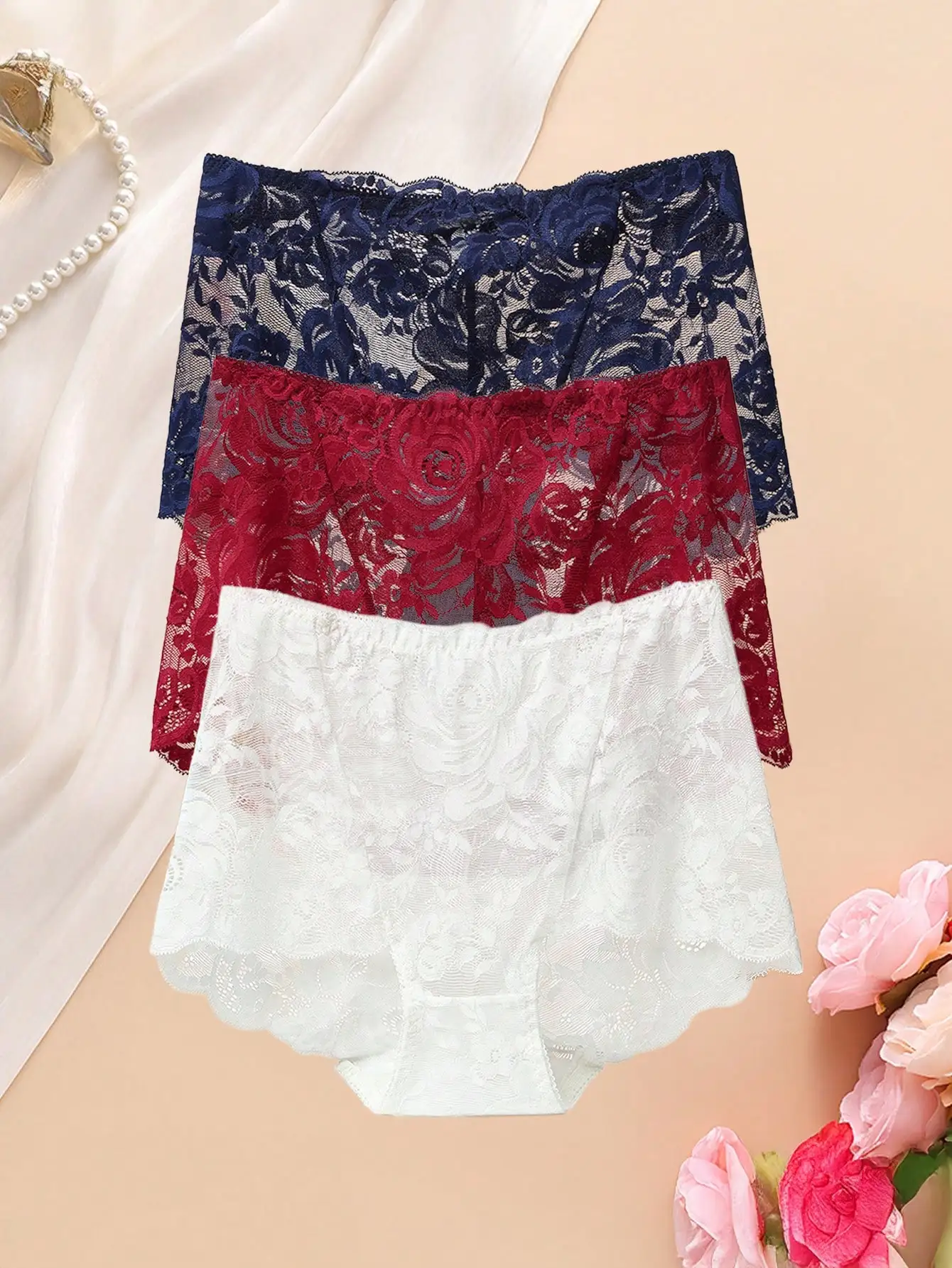 3er-Pack Damen-Slips, sexy, durchbrochene Spitzenunterwäsche, weicher, elastischer Strickstoff, mittelhoher Triangel-Slip für den Alltag. Image