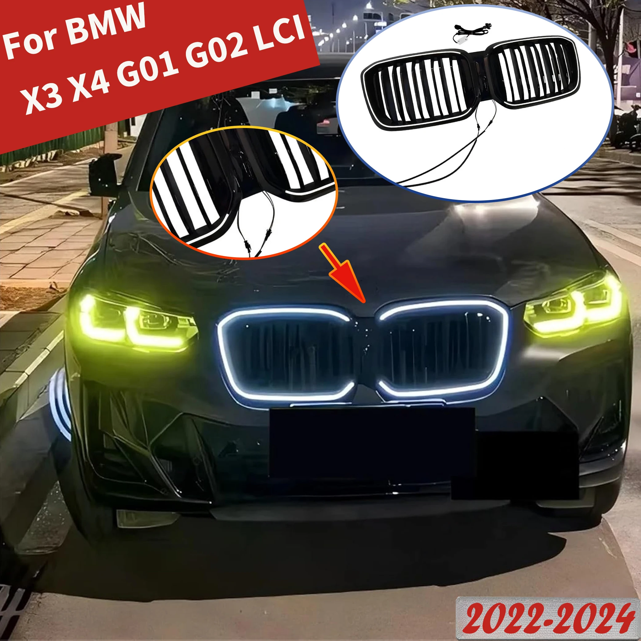 Frontstoßstangengrill für BMW X3 X4 G01 G02 2022–2024 LCI Auto-Nierengrill, Motorhaube, Netzgitter mit LED-Leuchten, Kits, Tuning (Doppellinie) Image