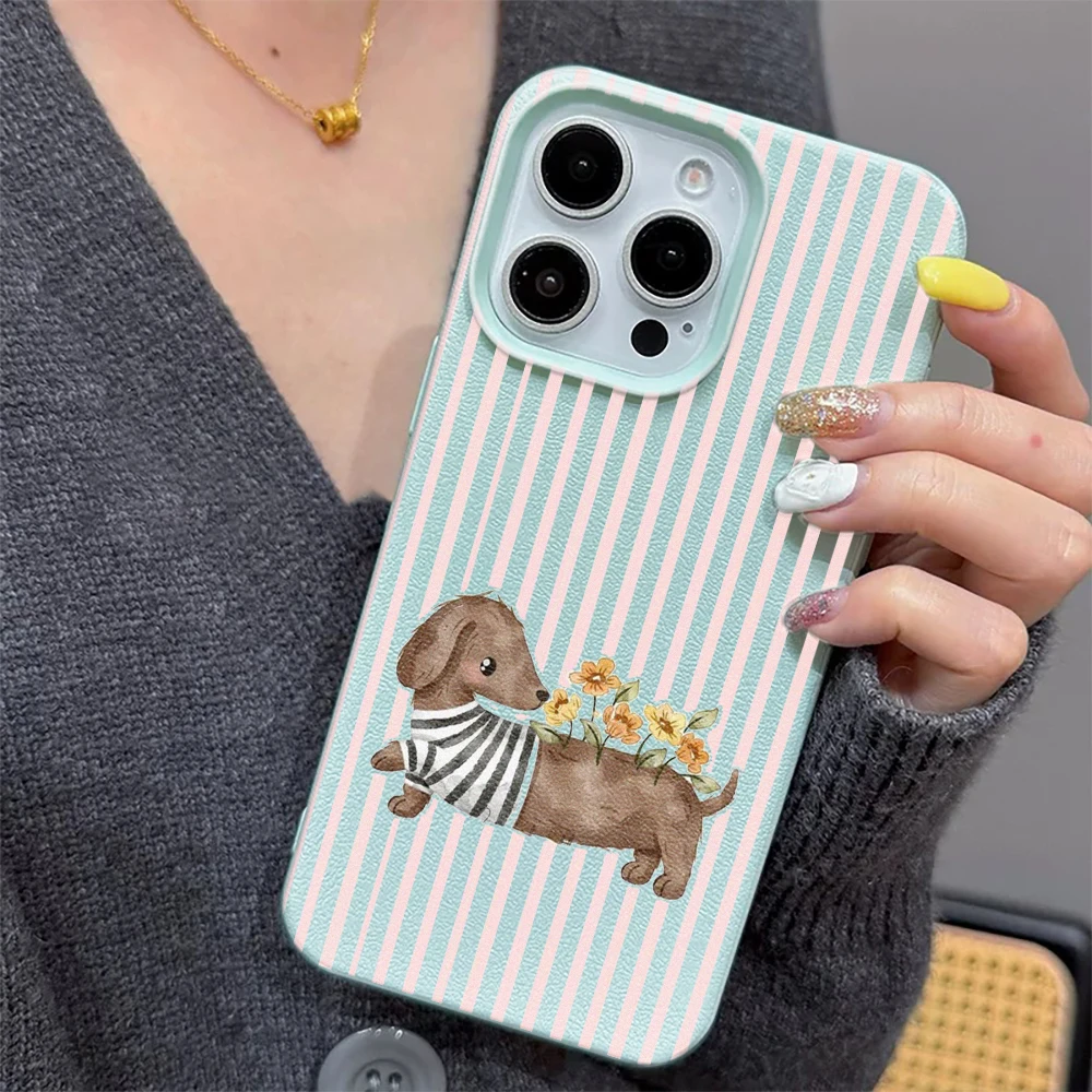Mintgrün-Rosa Gestreifte Dackel-Print Handyhülle für iPhone 15 16 17 Pro Max 11 12 13 Pro 15 14 Plus 17 Air Cover Capa Image