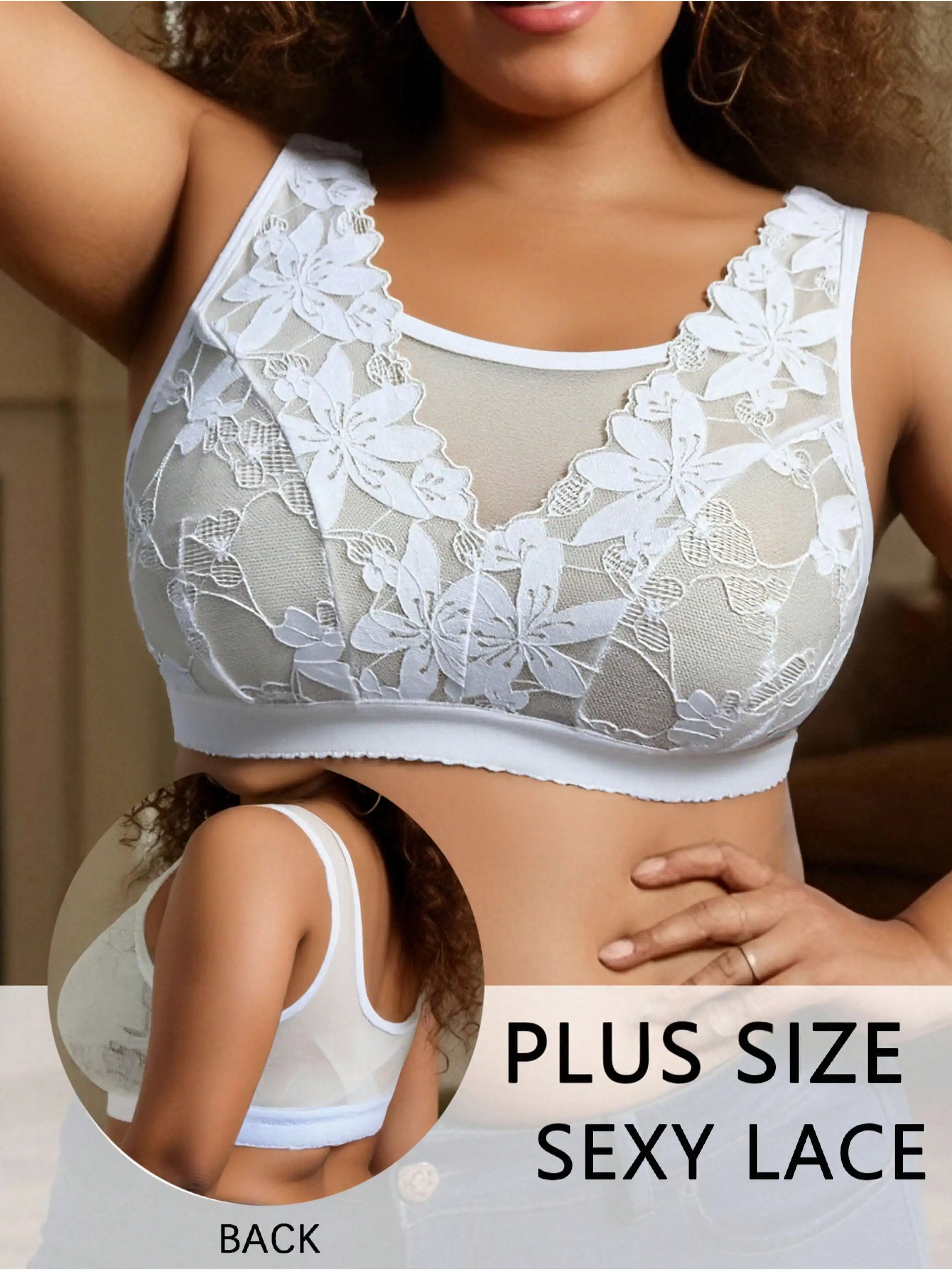 Übergröße Weißer Blumen-Spitzen-Bralette für Damen V-Ausschnitt Mesh-Einsatz Drahtloser Komfort-Bralette Breiter Träger Atmungsaktiv Schlaf- & Loungewear Image