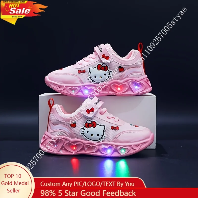 Hello Kitty Neue Mädchen-Prinzessinnenschuhe für den Alltag mit Lichtern, blinkende Schuhe in Rosa und Weiß, tragbar Image