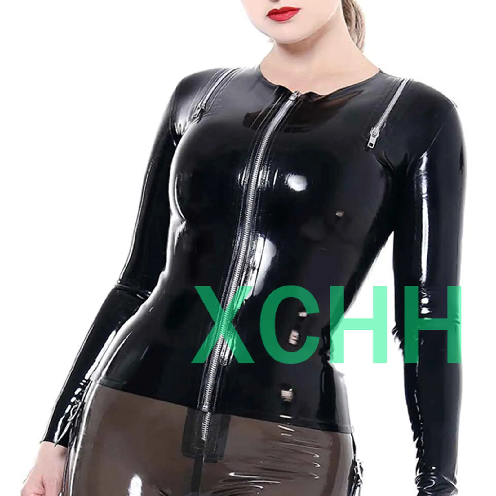 Sexy Natur-Latex-Top, schwarzes Latex-Gummi-Top mit Reißverschluss vorne, Gummi-Mode, Halloween-Cosplay-Kostüme, maßgeschneidert Image