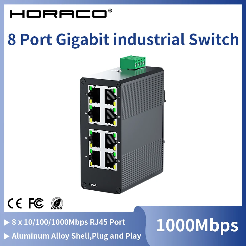 HORACO 8-Port-Gigabit-Industrie-Switch 1000 Mbit/s Industrie-Netzwerk-Ethernet-Switch, DIN-Schienenmontage, Plug-and-Play Image
