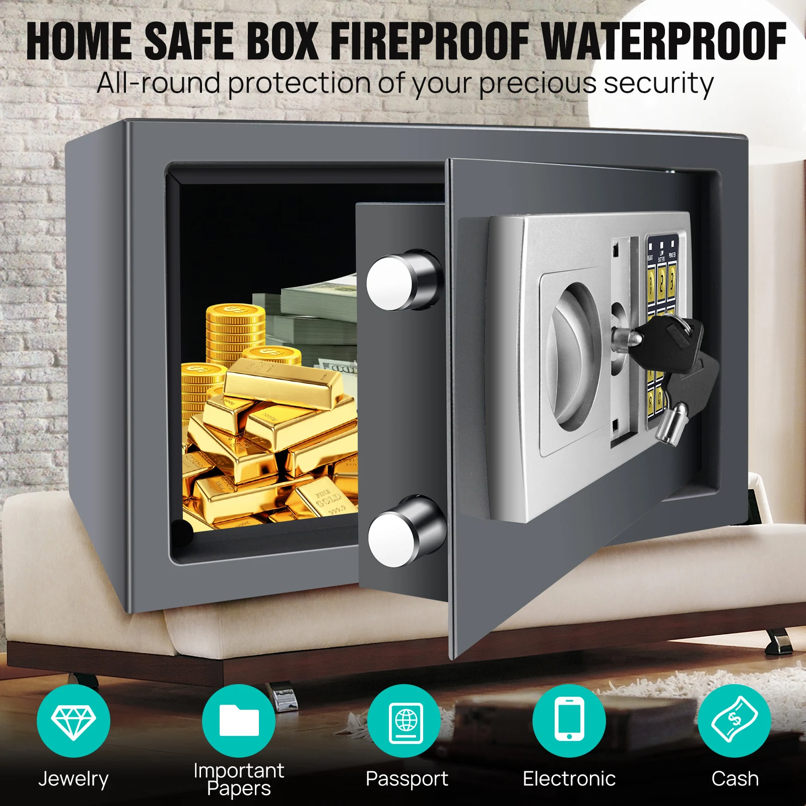 8,5 l sicherer digitaler Safe mit Passwort- und Ersatzschlüsselschloss, einbruchsicherer Safe aus massivem Stahl für die Aufbewahrung von Geld, Wertsachen und im Hausschrank Image