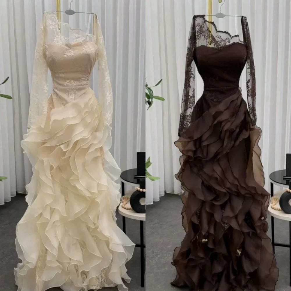 Customized Sparkle Organza Pleat Lace A-line Long Dresses Bespoke Occasion Intricate Elegant Sizes Available