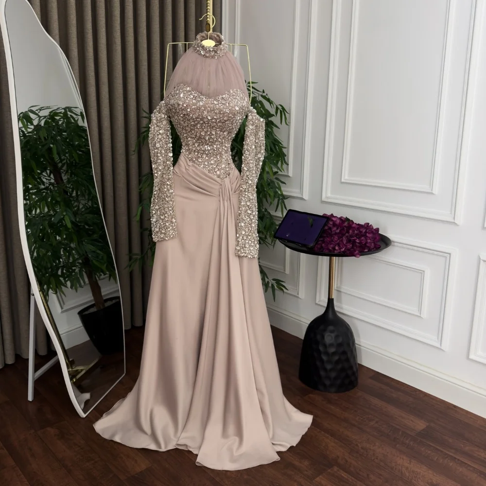 Customized Elegant Chiffon Pleat Sequined Pattern A-line Halter Long Evening Dresses Luxury 2025 Intricate
