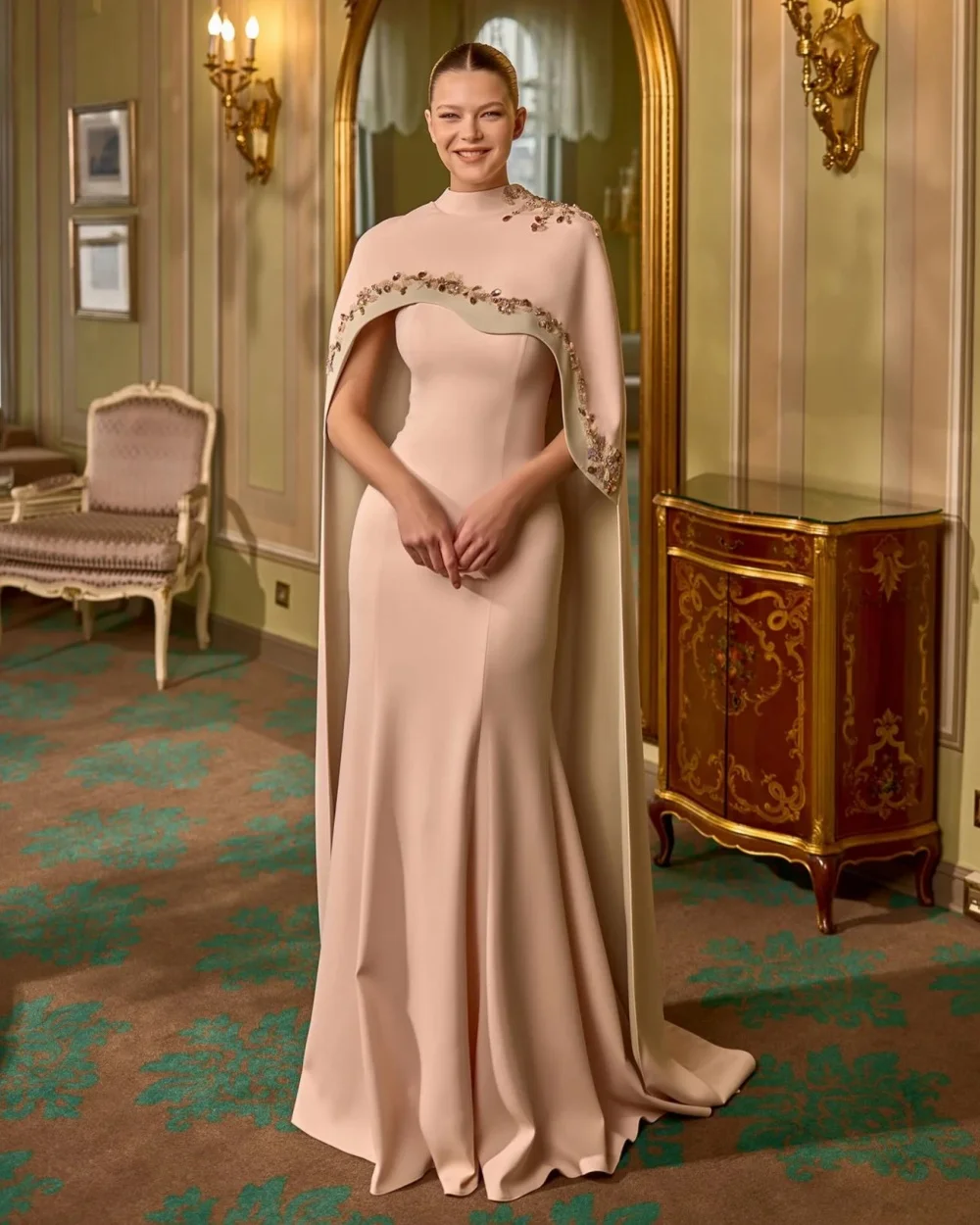 Customized Modern Style Women Jersey Handmade Flower Rhinestone Mermaid Evening Dresses Formal High Collar Sleeveless Party Gown
