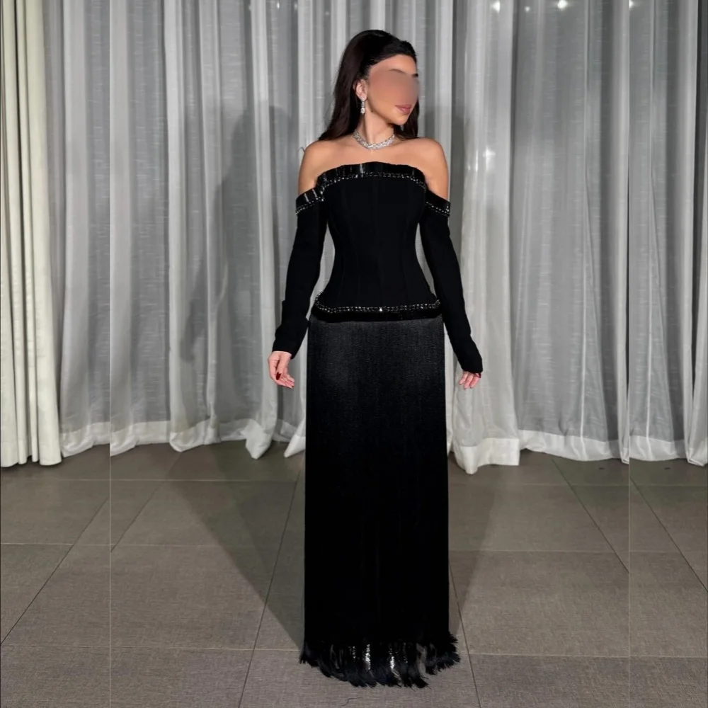 Customized High Quality Evening Dress Tassel Chic Off-the-shoulder Black Long Dresses Bespoke Occasion Exquisite Party