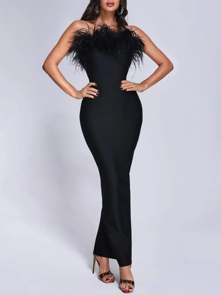 Laura Kors 2025, Sommer-Frauen, sexy, trägerlos, Feder, Weiß, Rot, Schwarz, figurbetontes Minikleid, Abend-Club-Partykleid