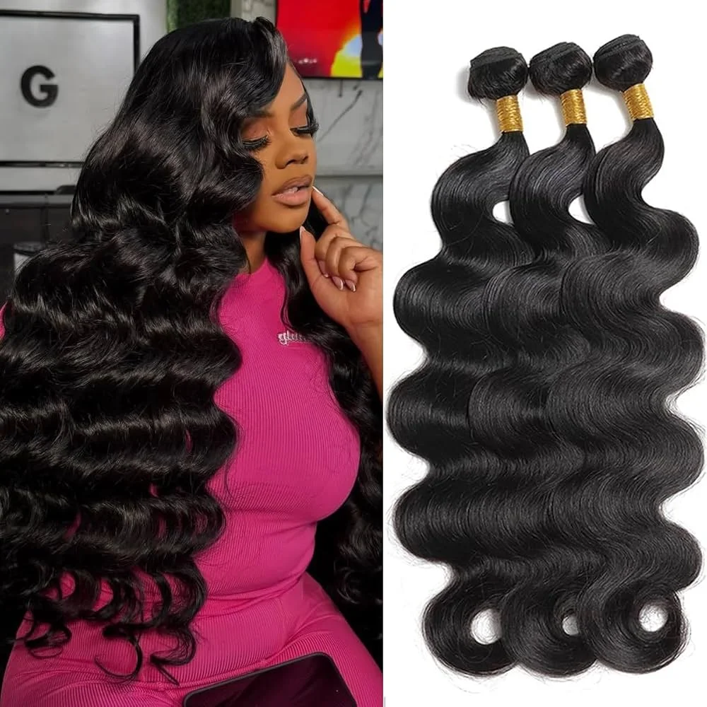 Brasilianische 30-36 Zoll Body Wave 100% Echthaar-Bündel, natürliches Schwarz, Remy-Haar zum Weben, 1/3 Bündel-Angebote für Extensions Image