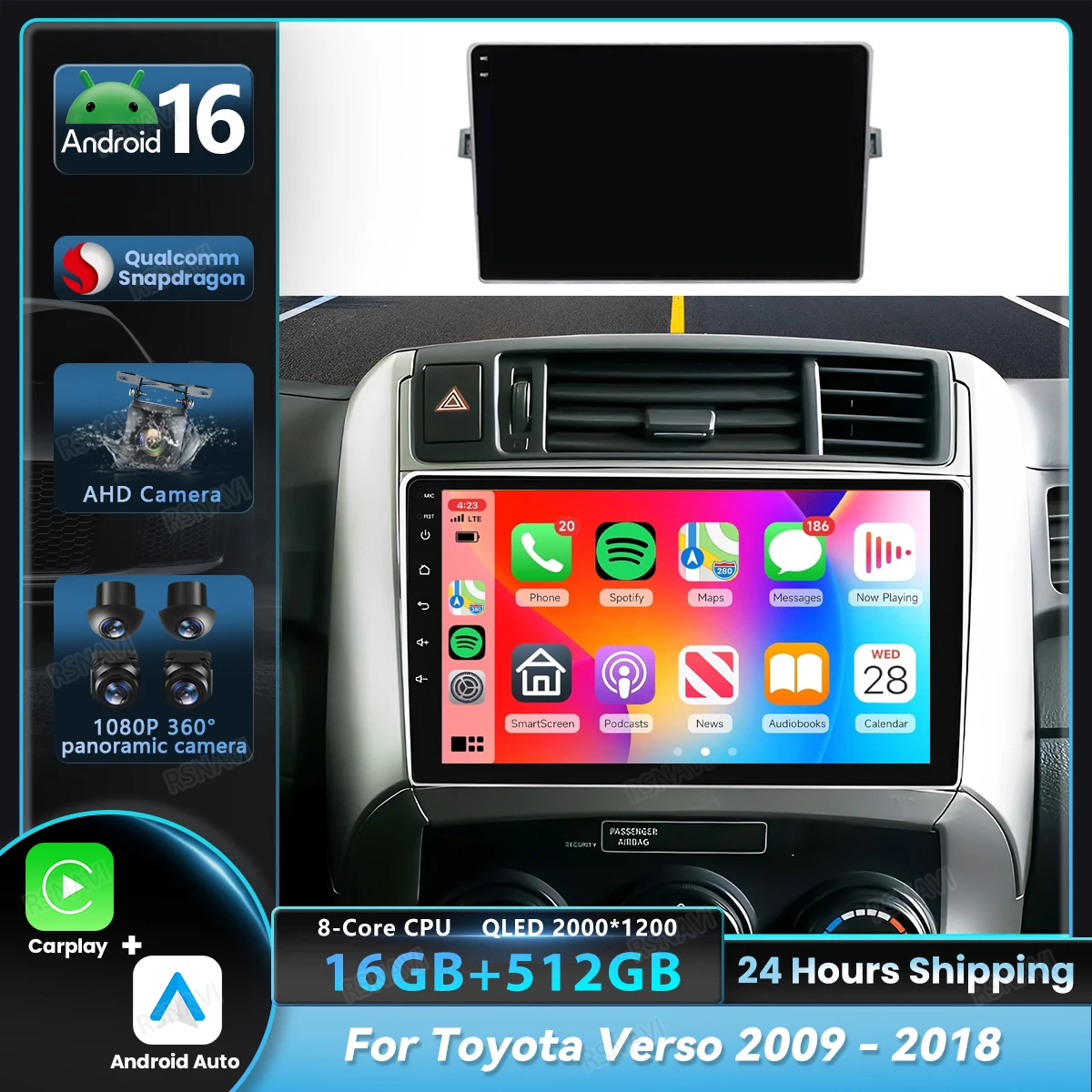 Android 16 Autoradio-Navigations-Multimedia-Player für Toyota Verso 2009 2010 - 2018 Carplay Auto Qualcomm Snapdragon DSP Stereo Image