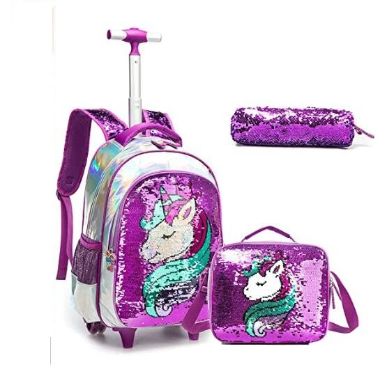 Enfants école sac à dos à roulettes filles école sac à roulettes roues enfants école sac à dos roulant ensembles de sacs à roulettes avec sac à déjeuner