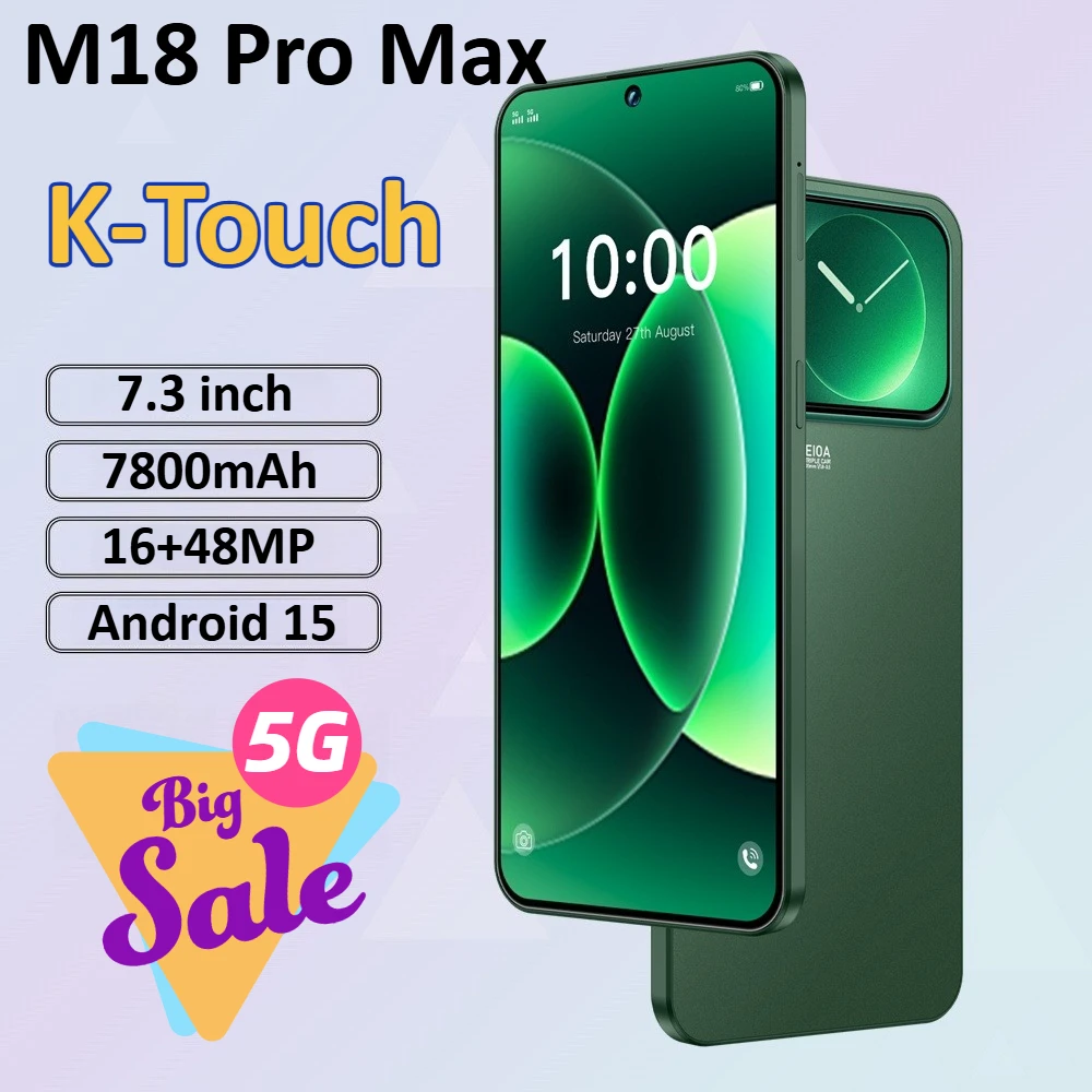 Téléphones mobiles K-Touch M18 Pro Max, smartphone 7,3 pouces, téléphone portable pas cher 5G, double carte SIM, 7800 mAh, Android 15, version mondiale, téléphones portables pour hommes et femmes