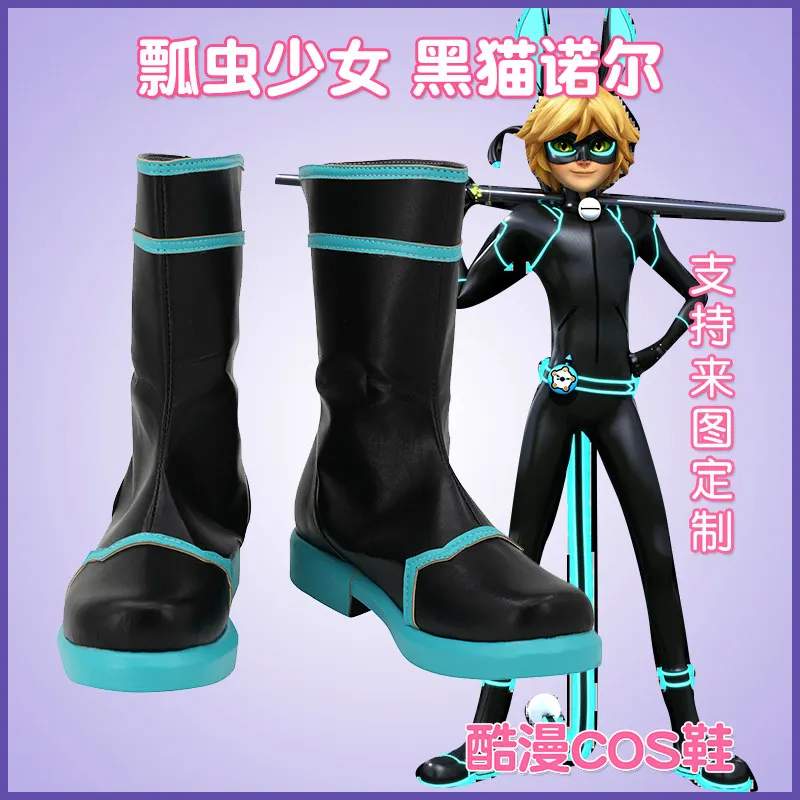 Lady Bug Anime Cat Noir Cosplay Schuhe Schwarz Blau Handgefertigte Kostümstiefel aus Kunstleder