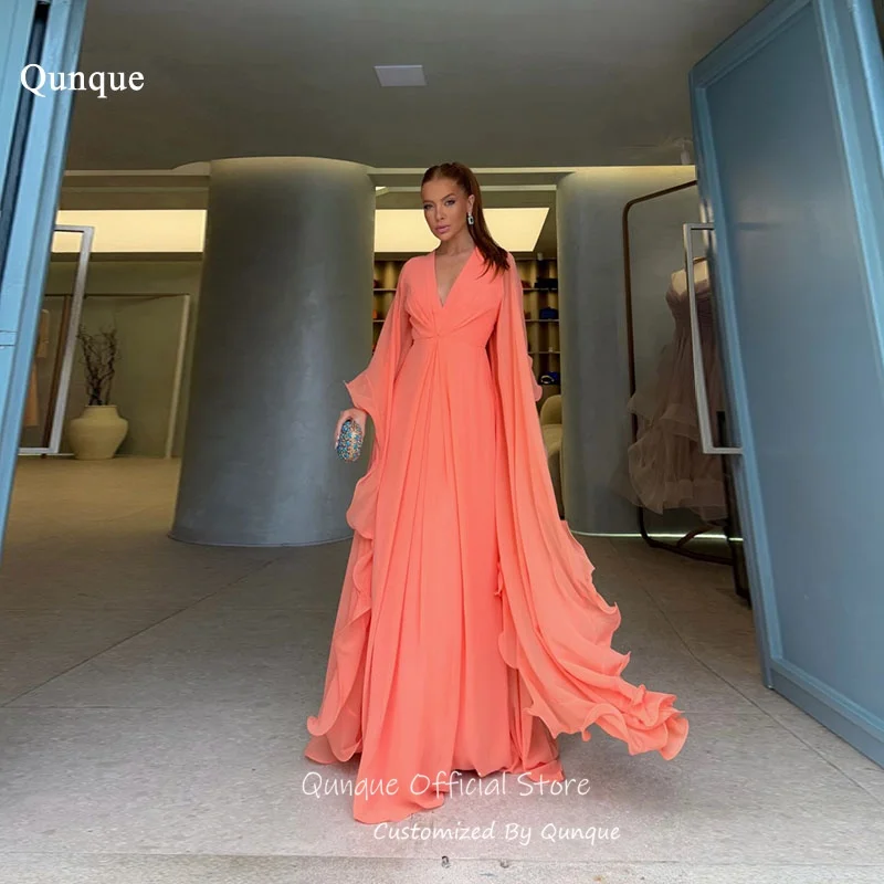 Qunque V Neck Chiffon Evening Dresses A Line Flowy Wedding Guest Dresses Graceful Ruffled Sleeves Dresses For Women Customized