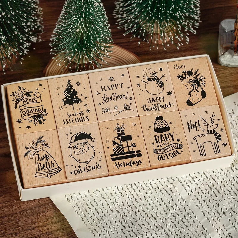 10 Stück/Box einzigartige Holzstempel mit Weihnachtsmotiven, geeignet für DIY-Tagebücher, Fotoalben, dekorative Stempel, Feiertagszubehör, Kawai Image