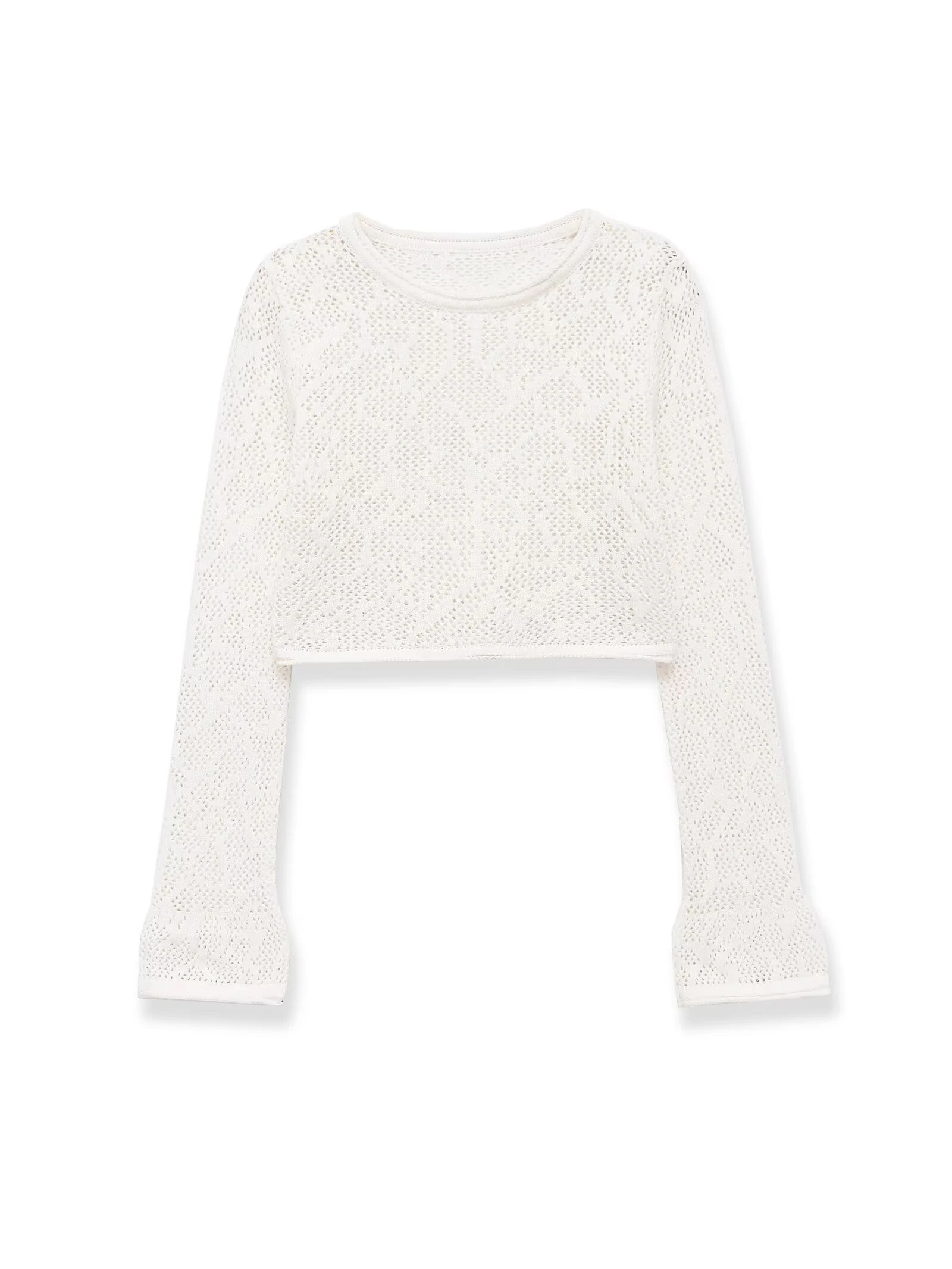 Europäischer und amerikanischer Stil, Sommer-Neuheit für Damen, schlichtes, langärmliges, rundhalsiges, lässiges, gestricktes Kurztop mit Lochmuster. Image