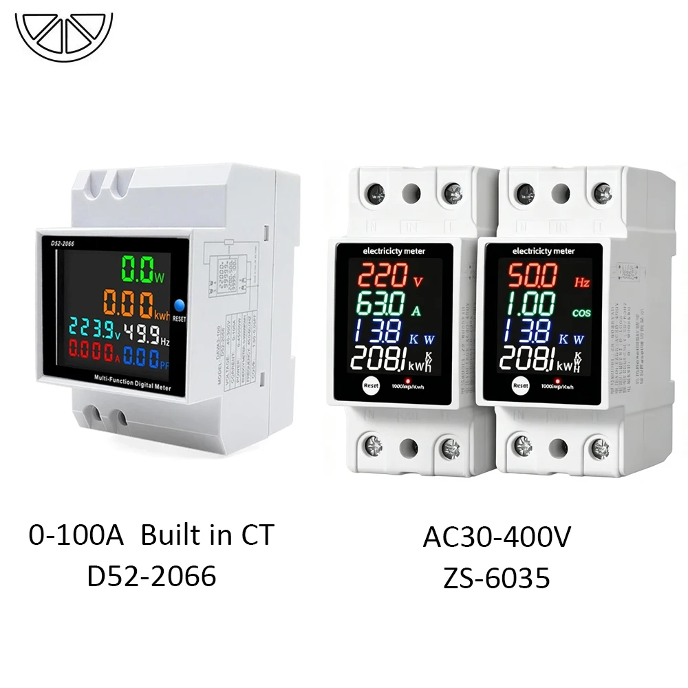 Einphasiger Energiezähler für DIN-Schiene, Stromverbrauchsmonitor, AC 40-300V 100A, Voltmeter, Amperemeter, Watt, kWh, Frequenz, Leistungsmesser Image