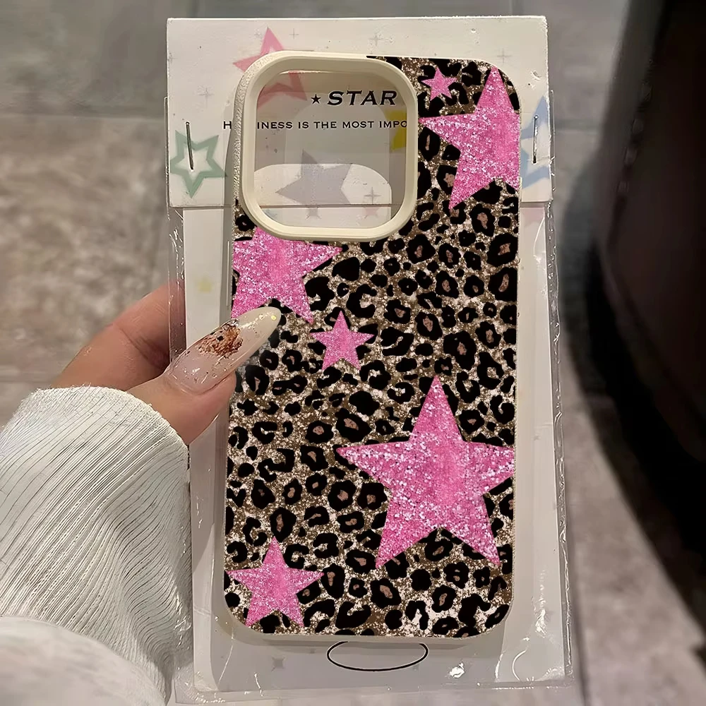 Retro Leopardenmuster Rosa Stern Handyhülle für iPhone 17 Pro Max 16 Plus 15 Pro 14 13 12 11 XR XS 17Air Lychee-Textur Weiche Hülle Image