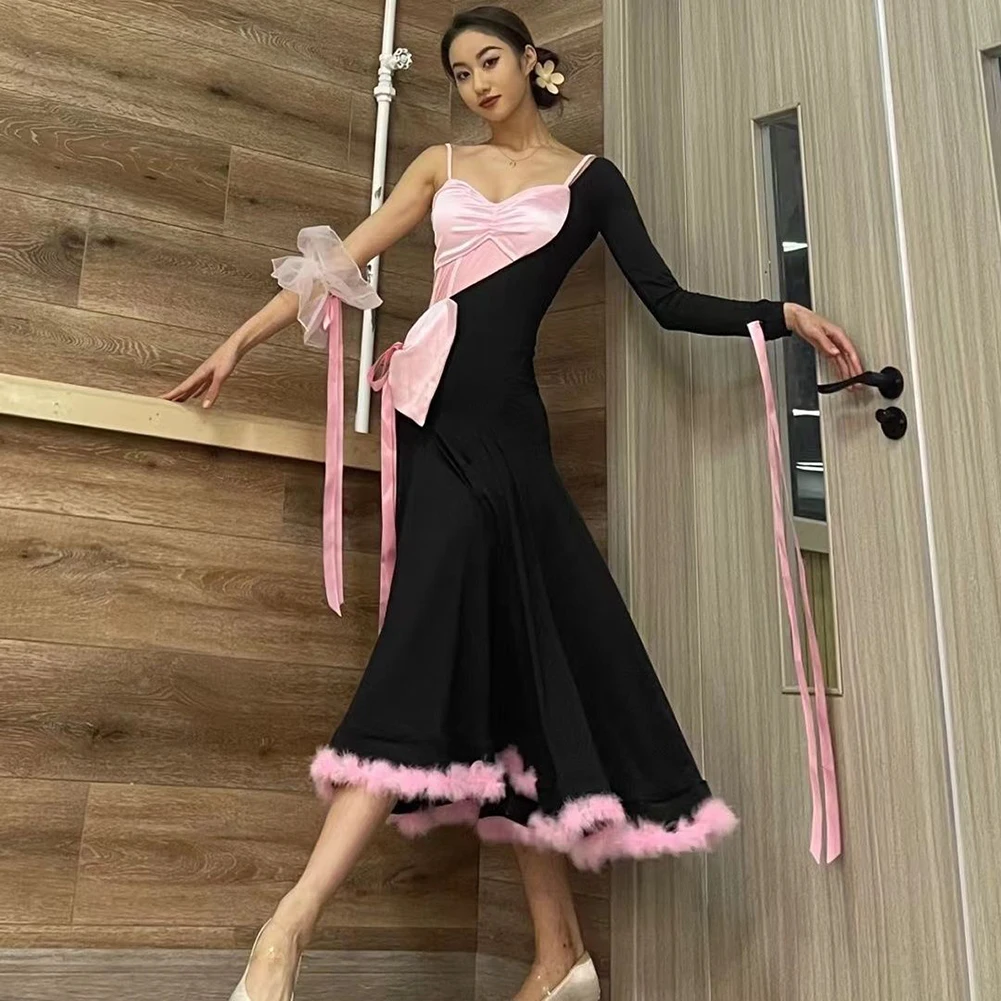 Sling Walzer Performance Rock Feder Damen Weiß Party Gesellschaftstanz Rosa Erz Elegantes Single Sleeve Modern Dance Kleid