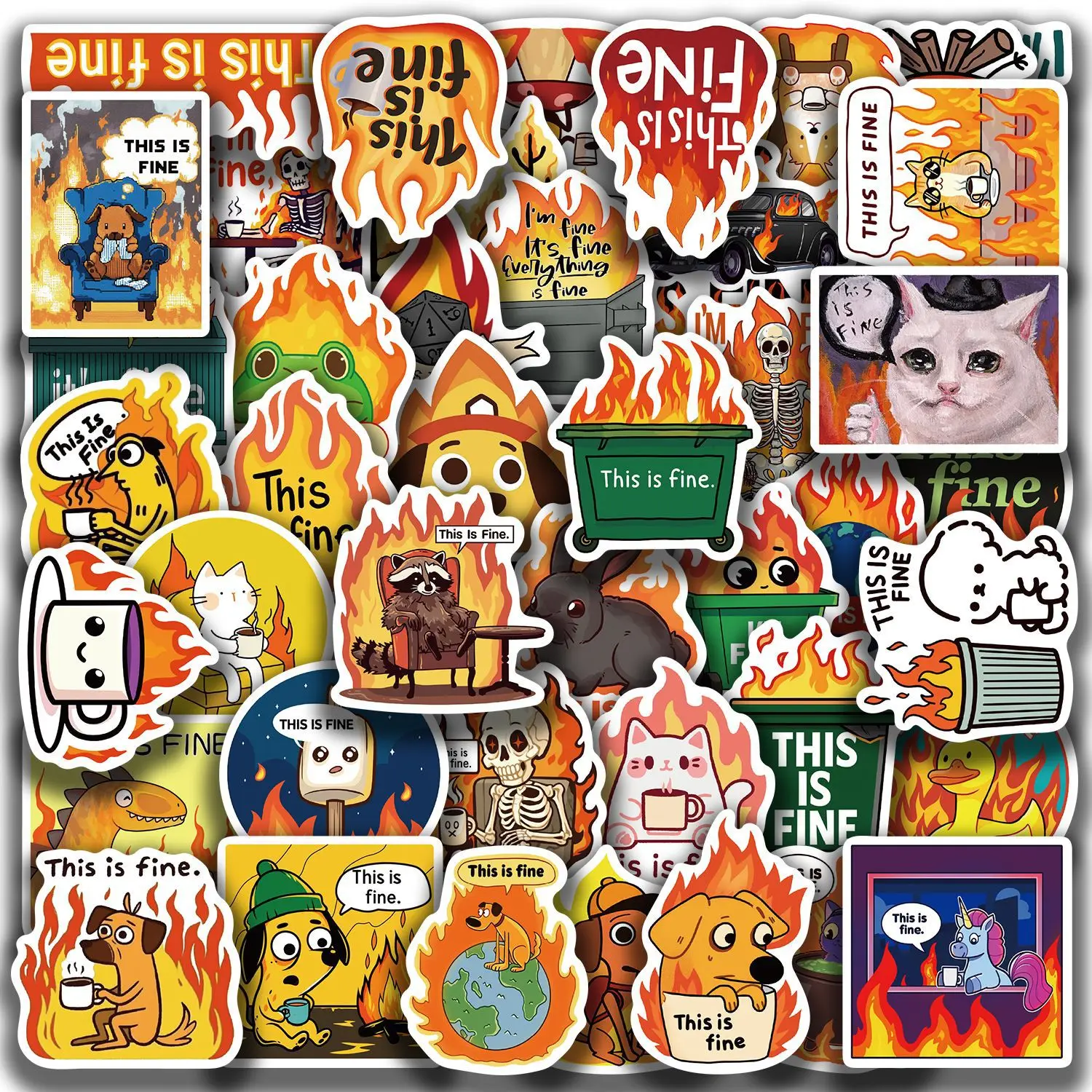 50 Stück Niedliche 'This is Fine' Aufkleber Skateboard Klassische Graffiti Nostalgie Laptop Handy Kaffee DIY Landschaft Wand Bar Sticker Image
