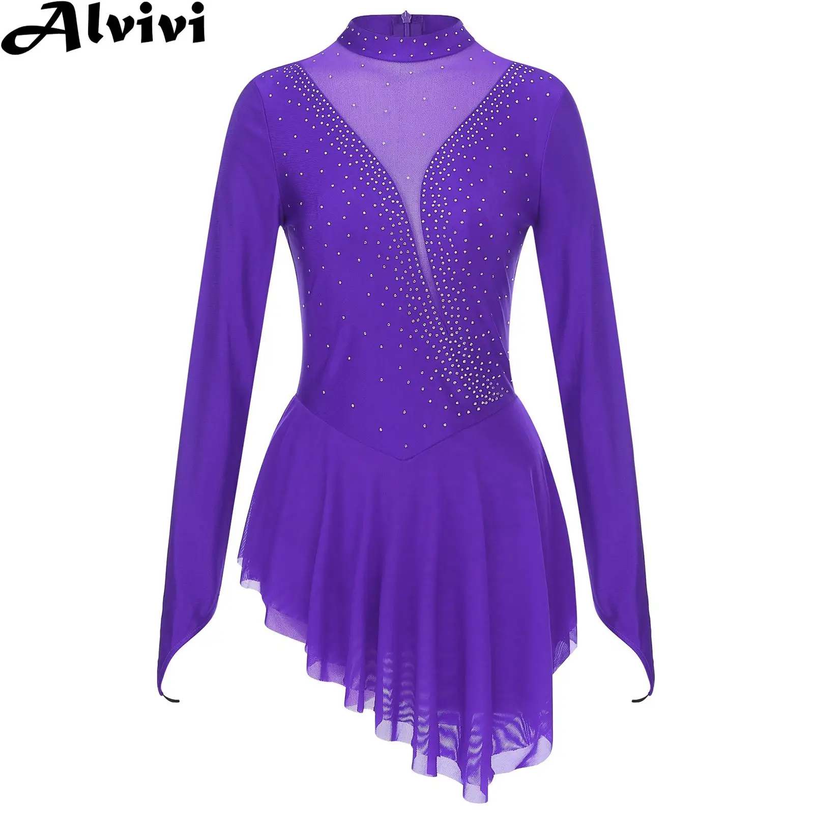 Robe justaucorps de gymnastique pour femmes, patinage artistique, danse lyrique, Costume de Ballet, manches longues, strass brillants, vêtements de danse en maille transparente