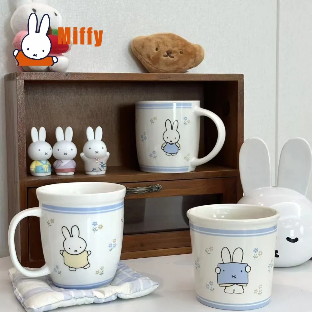 Kawaii Miffy 350ML Keramikbecher Niedlicher Hasen-Miffy-Kaffeebecher Blumenmuster Blauer Rand Pastell-Design Büro- und Heimgebrauch Mädchengeschenk